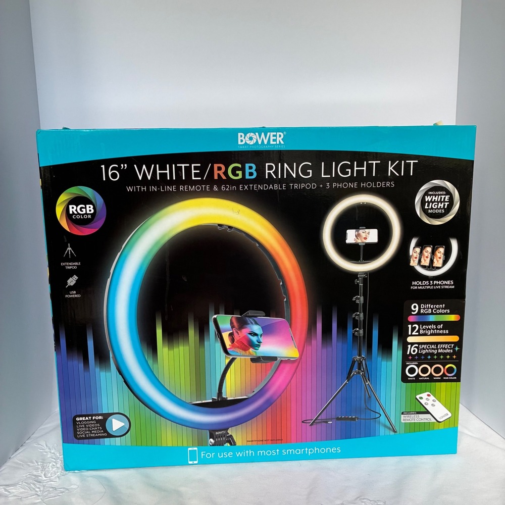 Bower 16" Ring Light Kit White/RGB 62in Tripod Vlog Youtuber Tiktok Live Stream